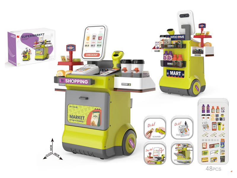 48Pcs Supermarket Shopping Counter Toy Set+Live Scanner, Card Machine Cash Register