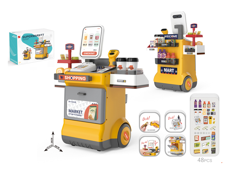 48Pcs Supermarket Shopping Counter Toy Set+Live Scanner, Card Machine Cash Register