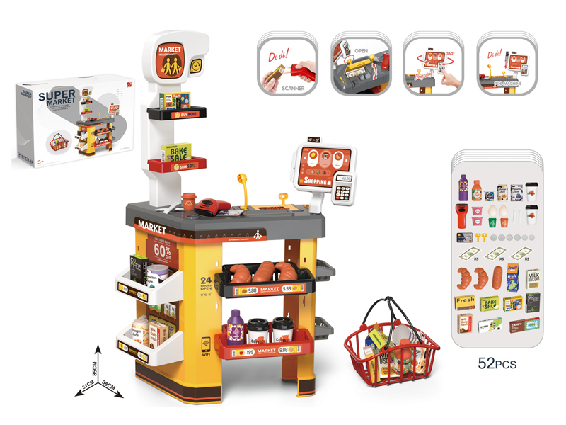 52Pcs Supermarket Toy Set+Shopping Basket+Electric Scanner, Cash Register And Card Reader