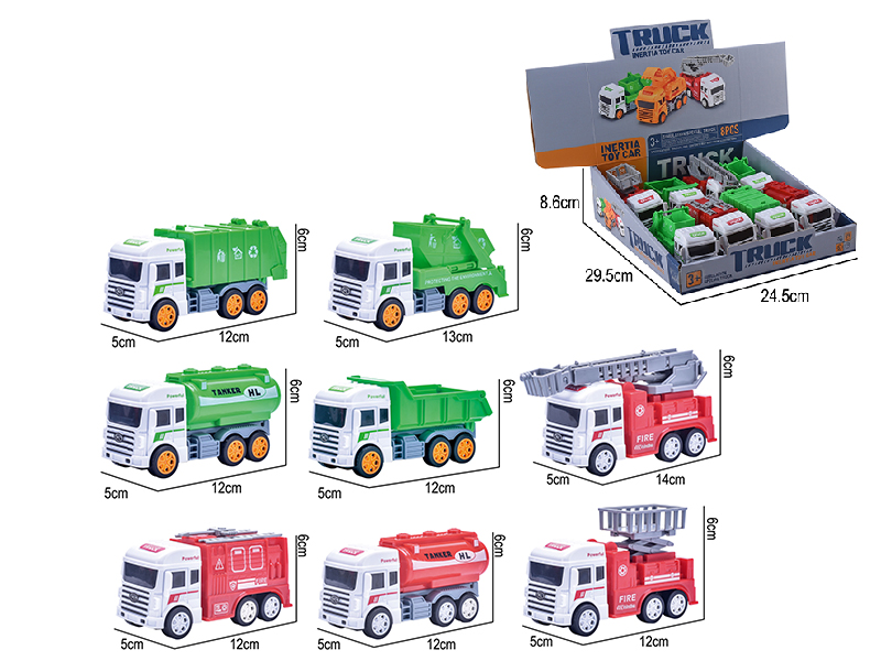 Friction Simulated Fire Engine ,Sanitation Truck 8pcs