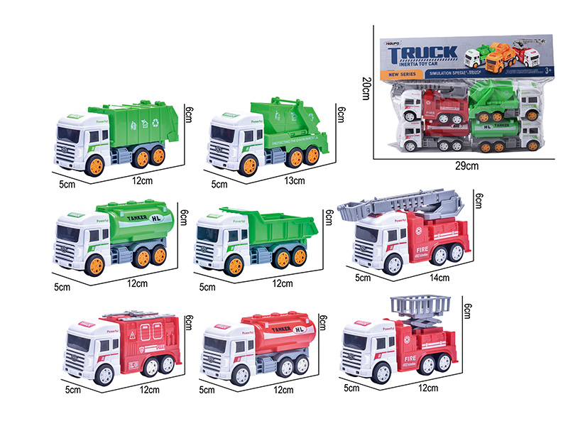 Friction Simulated Fire Engine ,Sanitation Truck 4pcs