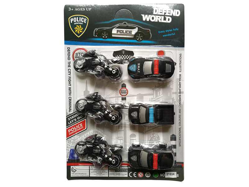 3 Pull Back Black Motorcycle + 3 Pull Back Black Police Cars