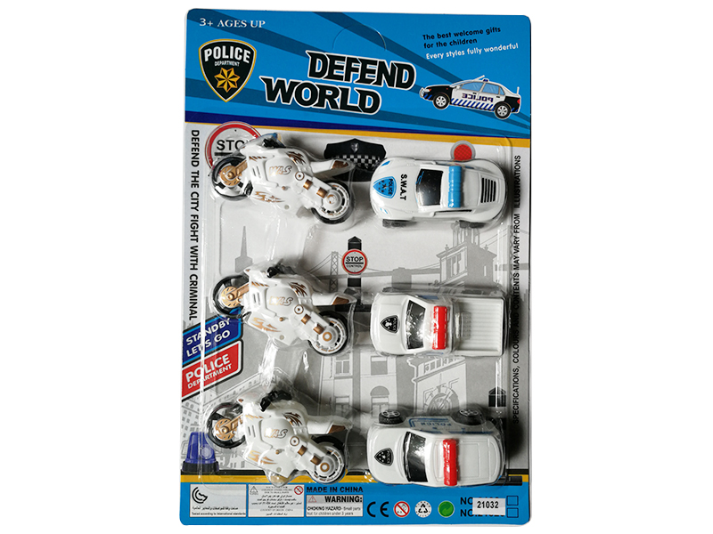 3pcs Pull Back White Motorcycle + 3pcs Pull Back White Police Cars