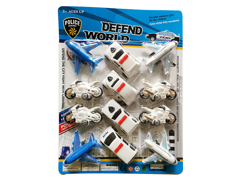 4 Pull Back White Motorcycle + 4 Pull Back White Police Cars + 4 Pull Back Airplanes
