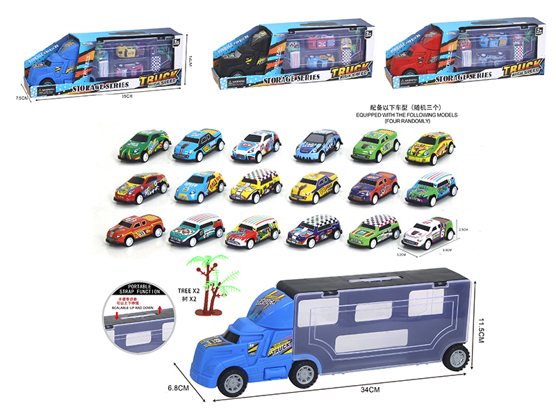 Slide Storage Truck With 4 Pull Back Iron Cars