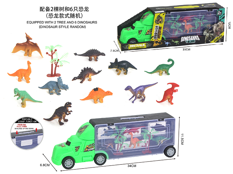 Slide Storage Truck With 6 Dinosaurs + 2 Trees