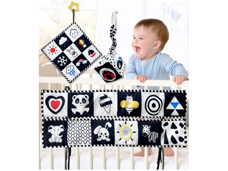 Black & White Bed Surround Cloth Book Saliva Towel Hanging Rattle Set 3pcs