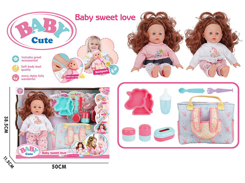 12-Inch Vinyl Stuffed Cotton  Girl Doll Without IC (Unicorn Plate + Fork + Spoon + Feeding-Bottle + 3-Piece Storage Bottle + Multifunction Storage Backpack)