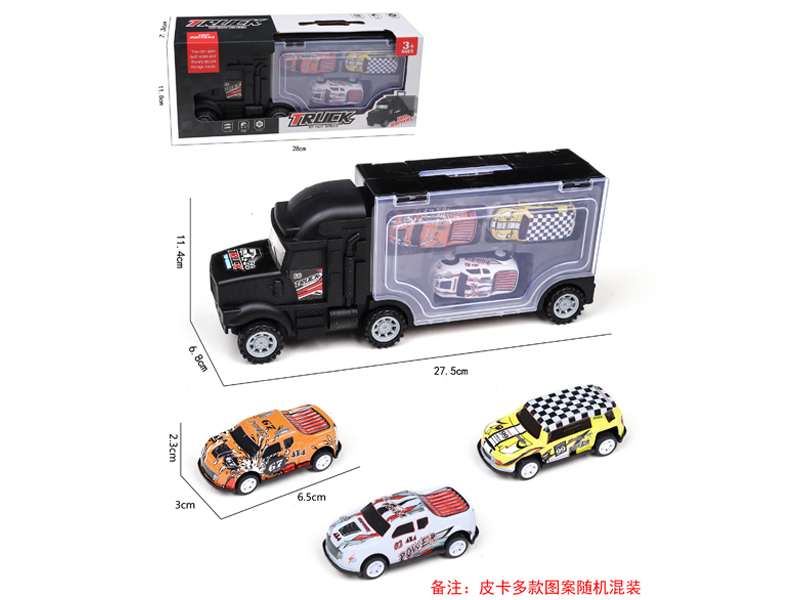 Slide Container Truck+3 PCS Iron Pickup Truck