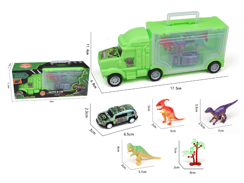 Slide Container Truck+3 Dinosaur +1Iron Pickup Truck+1 Tree