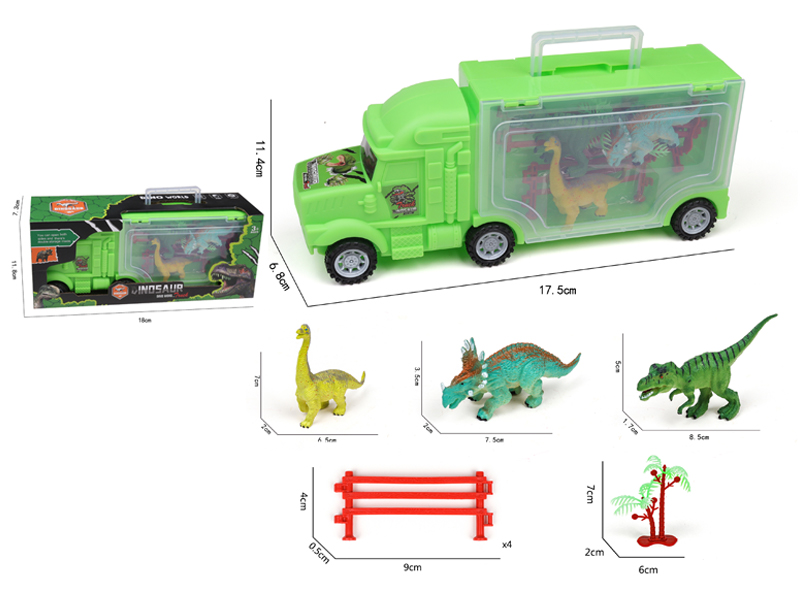 Slide Container Truck+3 Dinosaur +1Fence+1 Tree