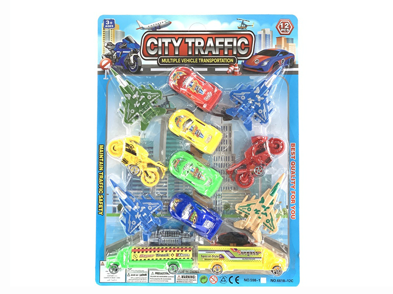 Solid Color Pull Back Car + Airplane + Motorcycle