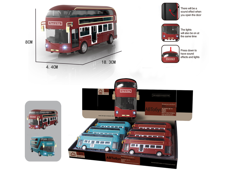 6PCS Pull Back Alloy Bus With Light And Music