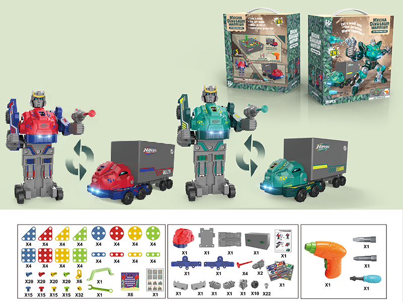 DIY Dinosaur Transformation Car With Light And Sound + Creative Puzzle Screw Toy(303PCS)With Electric Drill