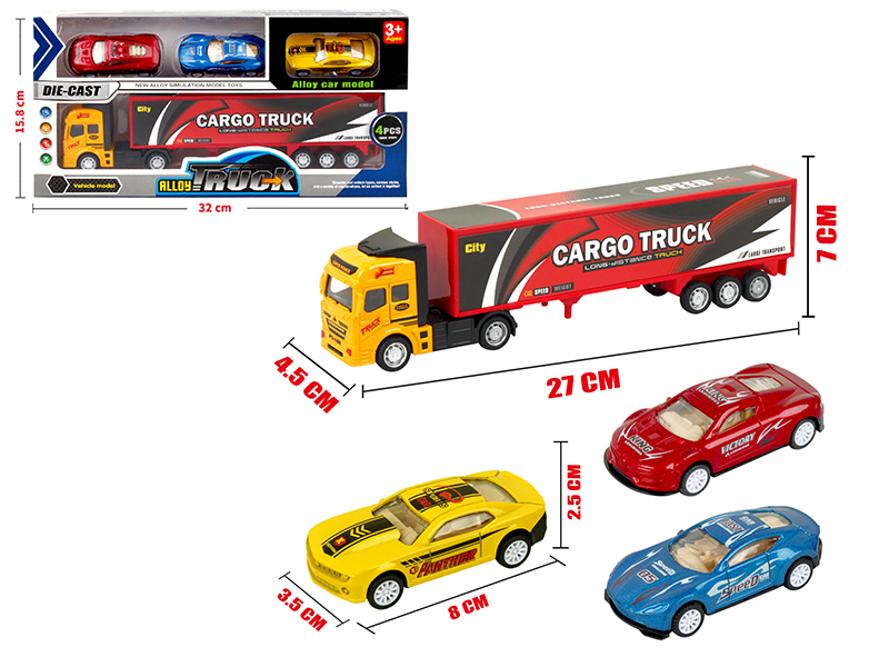 Pull Back Alloy Container Truck + 3 Pull Back Alloy Sports Cars