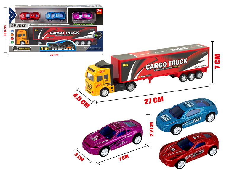 Pull Back Alloy Container Truck + 3 Pull Back Alloy Sports Cars