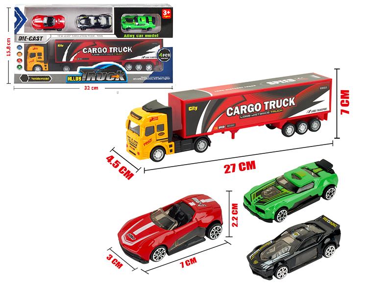 Pull Back Alloy Container Truck + 3 Slide Alloy Sports Cars