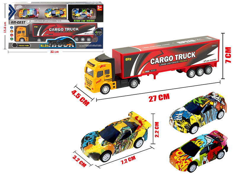 Pull Back Alloy Container Truck + 3 Pull Back Racing Cars