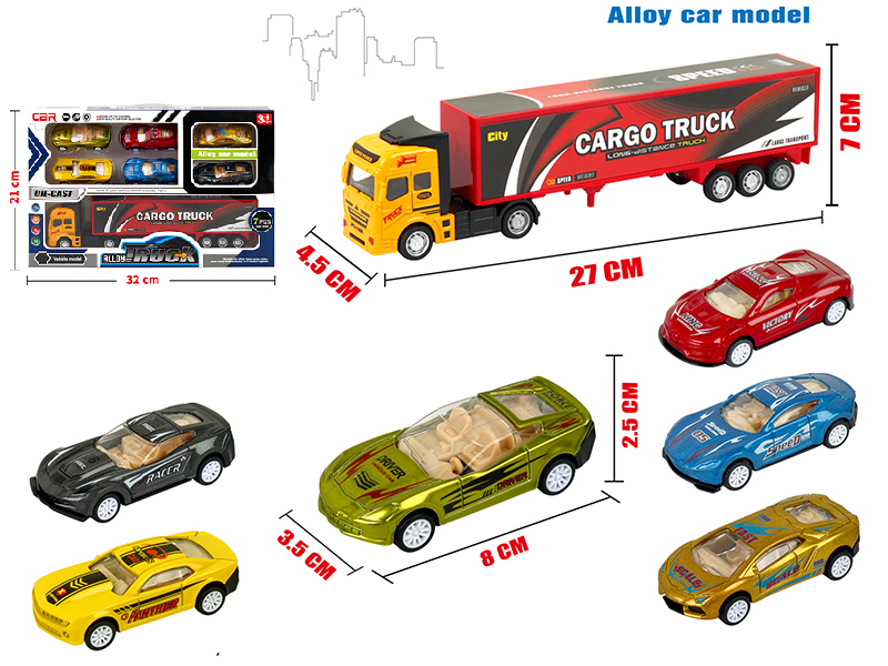 Pull Back Alloy Container Truck + 6 Pull Back Alloy Sports Cars
