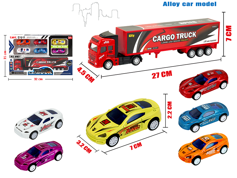 Pull Back Alloy Container Truck + 6 Pull Back Alloy Sports Cars