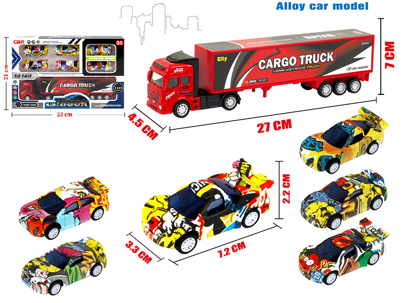 Pull Back Alloy Container Truck + 6 Pull Back Racing Cars