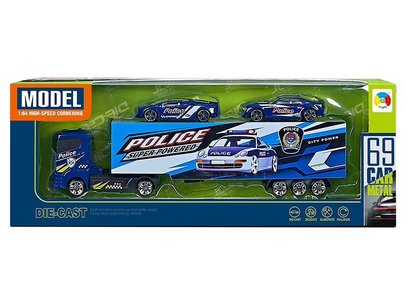 Alloy Police Series Container Car With 2 Alloy Police Cars