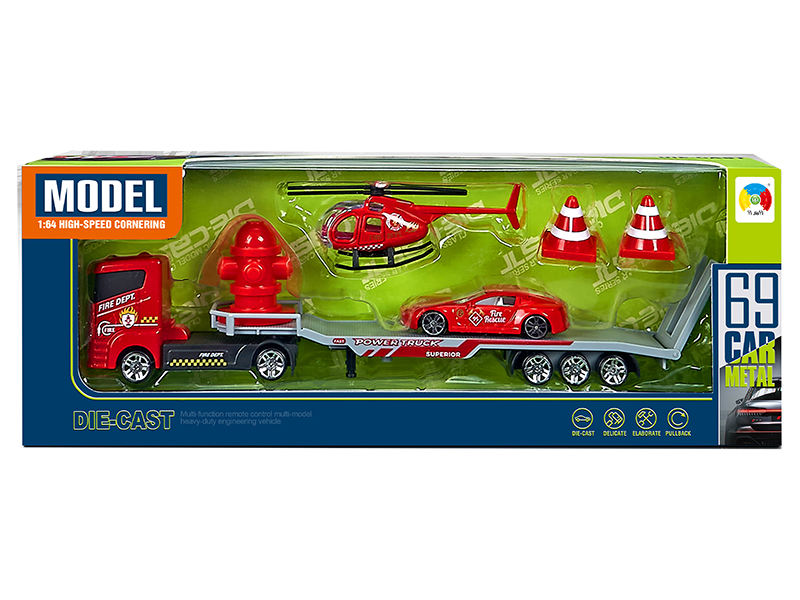 Alloy Trailer With 1 Alloy Helicopter,1 Alloy Fire Engine