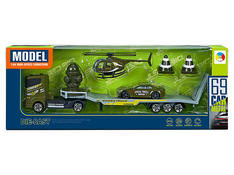 Alloy Trailer With 1 Alloy Helicopter,1 Alloy Military Truck