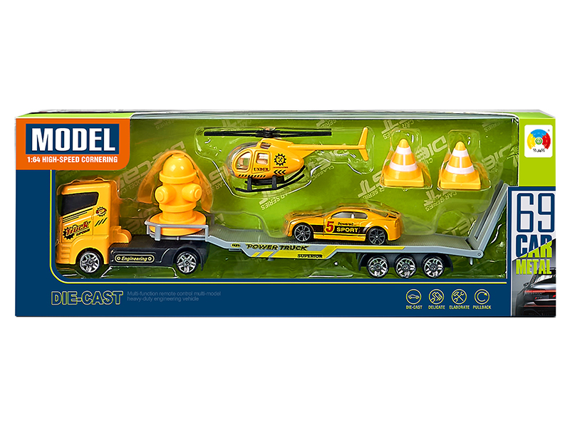 Alloy Trailer With 1 Alloy Helicopter,1 Alloy Engineering Truck