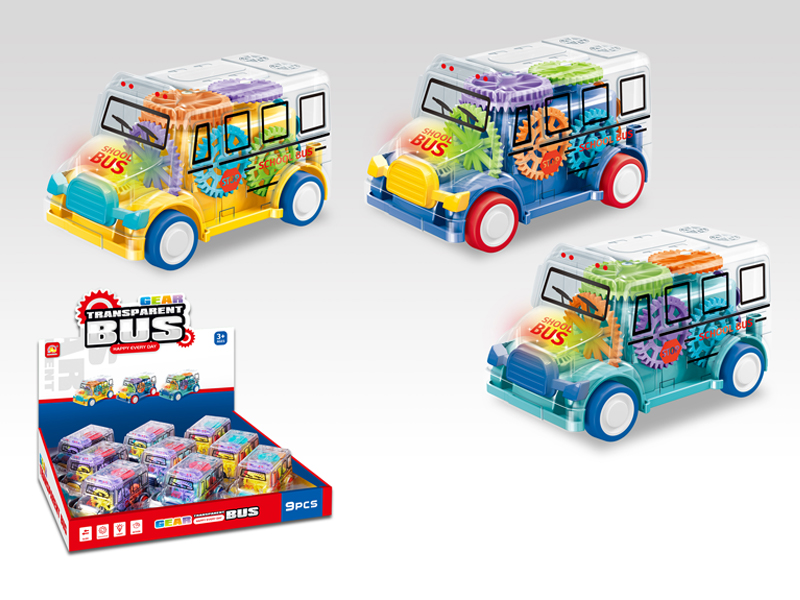 9Pcs Friction Geared Transparent Bus With Light