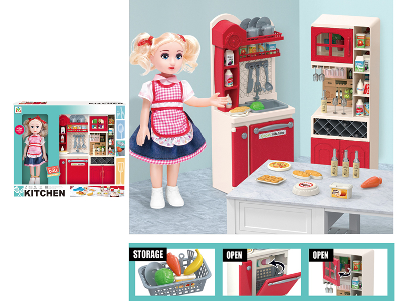 Vegetable Washing Basin And Wine Cabinet Toy Set With Doll