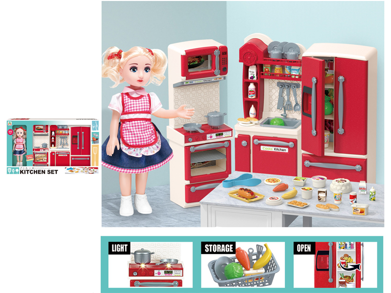 Stove, Vegetable Sink, Refrigerator Toy Set With Doll