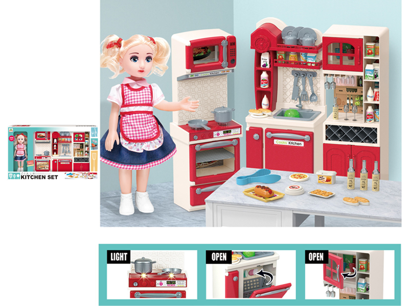 Stove, Vegetable Washing Basin, Wine Cabinet Toy Set With Doll