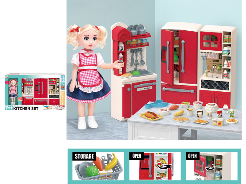 Washing Basin, Wine Cabinet, Refrigerator Toy Set With Doll