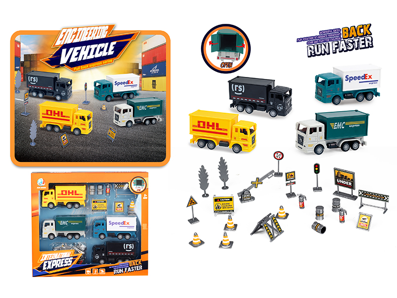 Pull Back Simulated Express Delivery Truck With Road Signs