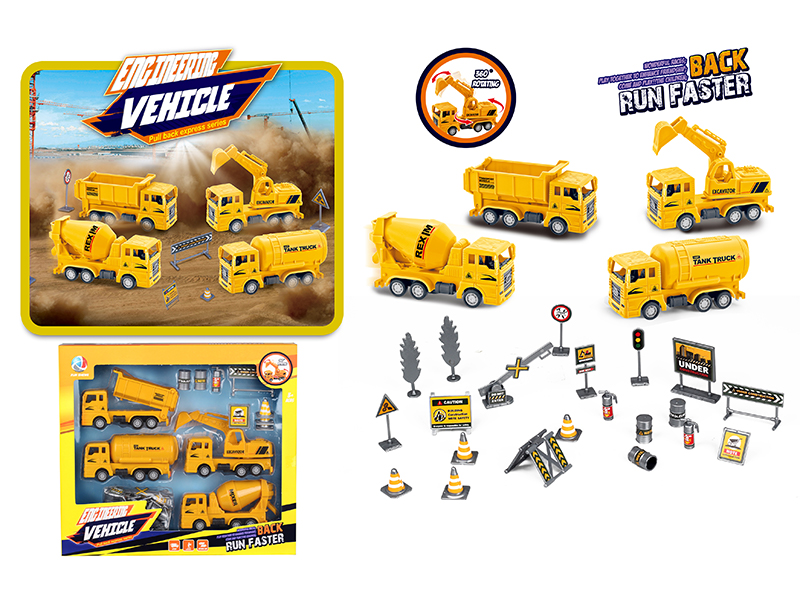 Pull Back Simulated Engineering Vehicle With Road Signs