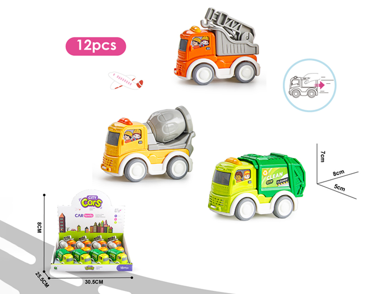 12PCS Pull Back Engineering Vehicle (Crane+Mixer Truck+Defense Truck)