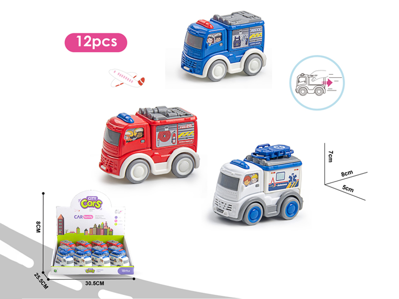 12PCS Pull Back Ambulances, Fire Trucks, Police Cars