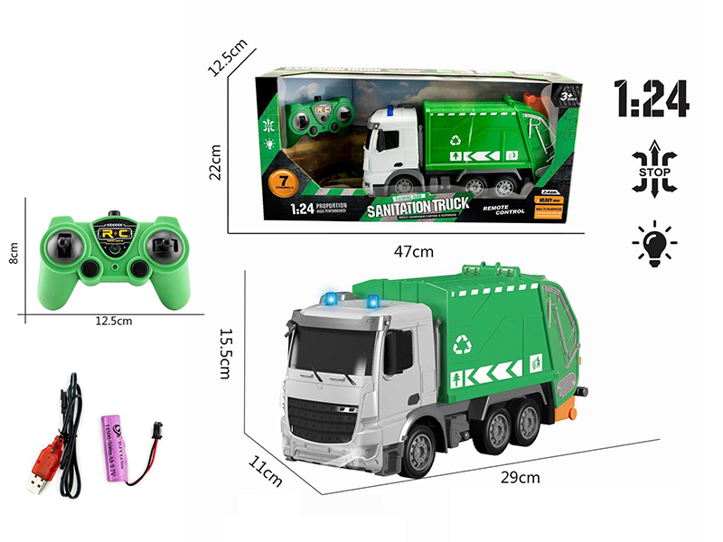 1:24 7-Channel 2.4G Remote Control Sanitation Truck With Light(Included Batteries)