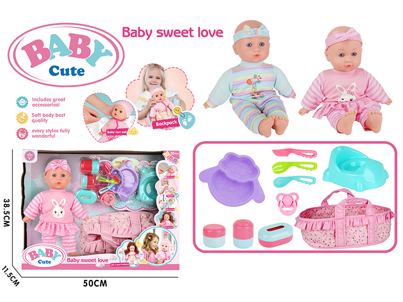 12-Inch Vinyl Stuffed Cotton Baby Doll Without IC (Sheep Plate + Fork + Knife + Spoon + Pacifier + 3PCS Storage Bottle + Dinosaur Toilet + Sleeping Basket)