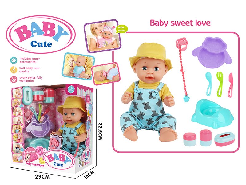 14-Inch Vinyl Baby Doll With 10 Sounds IC(Movable Eyes,Drink Water And Pee)+ Baby Plate + Fork + Knife + Spoon + Pacifier + Pacifier Chain + Dinosaur Toilet + Storage Bottle 3PCS