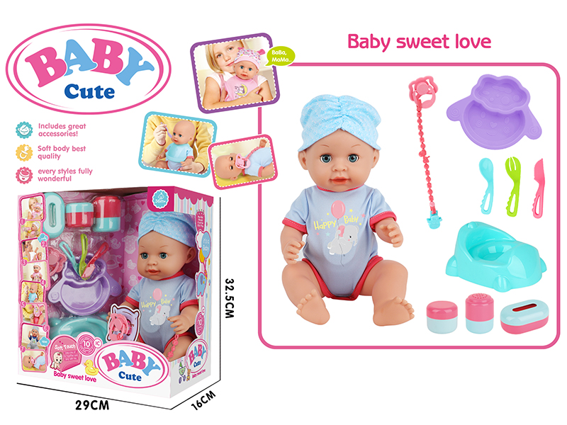 14-Inch Vinyl Baby Doll With 10 Sounds IC(Movable Eyes,Drink Water And Pee)+ Baby Plate + Fork + Knife + Spoon + Pacifier + Pacifier Chain + Dinosaur Toilet + Storage Bottle 3PCS