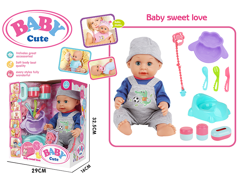 14-Inch Vinyl Baby Doll With 10 Sounds IC(Movable Eyes,Drink Water And Pee)+ Baby Plate + Fork + Knife + Spoon + Pacifier + Pacifier Chain + Dinosaur Toilet + Storage Bottle 3PCS