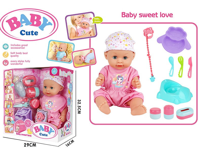 14-Inch Vinyl Baby Doll With 10 Sounds IC(Movable Eyes,Drink Water And Pee)+ Baby Plate + Fork + Knife + Spoon + Pacifier + Pacifier Chain + Dinosaur Toilet + Storage Bottle 3PCS