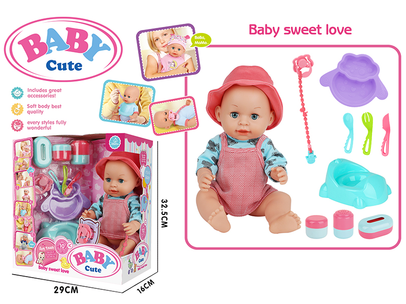 14-Inch Vinyl Baby Doll With 10 Sounds IC(Movable Eyes,Drink Water And Pee)+ Baby Plate + Fork + Knife + Spoon + Pacifier + Pacifier Chain + Dinosaur Toilet + Storage Bottle 3PCS