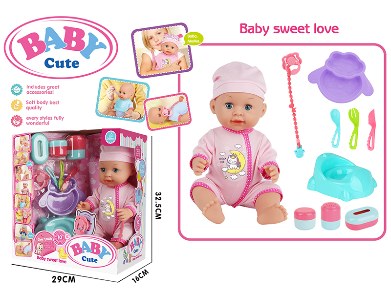 14-Inch Vinyl Baby Doll With 10 Sounds IC(Movable Eyes,Drink Water And Pee)+ Baby Plate + Fork + Knife + Spoon + Pacifier + Pacifier Chain + Dinosaur Toilet + Storage Bottle 3PCS