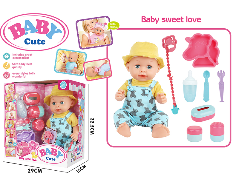 14-Inch Vinyl Baby Doll With 10 Sounds IC(Movable Eyes,Drink Water And Pee)+ Baby Plate + Fork + Knife + Pacifier + Pacifier Chain + Feeding-Bottle + Storage Bottle 3PCS