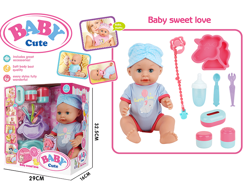 14-Inch Vinyl Baby Doll With 10 Sounds IC(Movable Eyes,Drink Water And Pee)+ Baby Plate + Fork + Knife + Pacifier + Pacifier Chain + Feeding-Bottle + Storage Bottle 3PCS