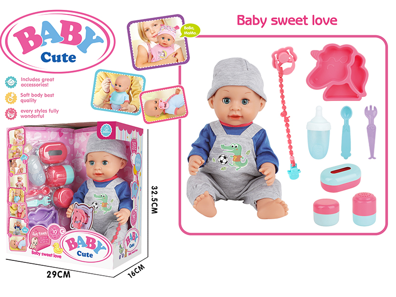 14-Inch Vinyl Baby Doll With 10 Sounds IC(Movable Eyes,Drink Water And Pee)+ Baby Plate + Fork + Knife + Pacifier + Pacifier Chain + Feeding-Bottle + Storage Bottle 3PCS