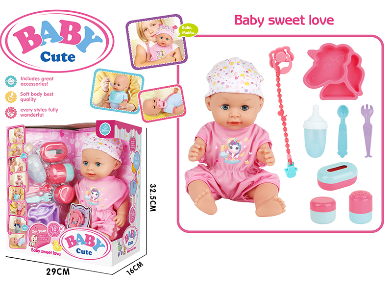 14-Inch Vinyl Baby Doll With 10 Sounds IC(Movable Eyes,Drink Water And Pee)+ Baby Plate + Fork + Knife + Pacifier + Pacifier Chain + Feeding-Bottle + Storage Bottle 3PCS